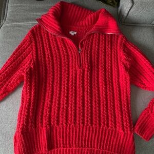 Aerie Red Cable Knit Quarter Zip Sweater